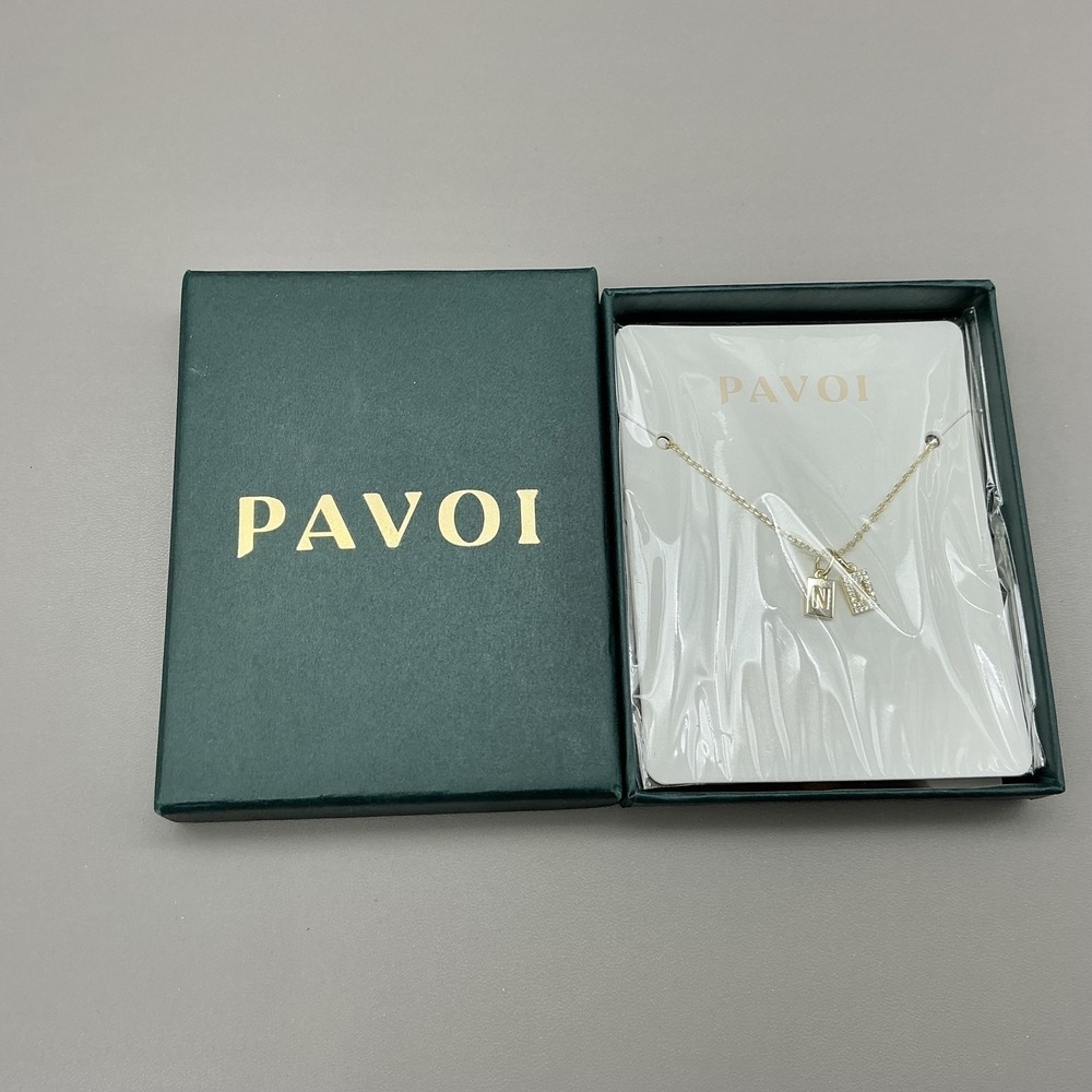 Pavoi Necklace Gold Plated N Initial Rectangle Rhinestone Pendant Womens Jewelry